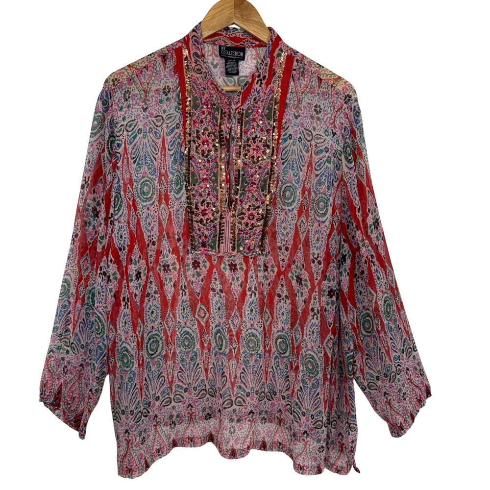 NY Collection 100% Silk Sequin Tunic Blouse Sheer Resort Top Boho Paisley Small